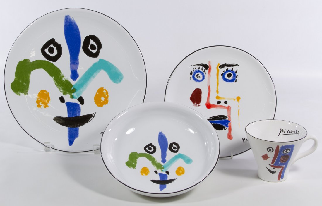 Picasso Living 'Face' China Service: Picasso Living 'Face' China Service Including (12) dinner plates, (8) cups, (8)soup bowls, (4) desert plates and (1) pitcher, serving bowl and round platter Diameter: 10.00 inches (dinner plate) Categ