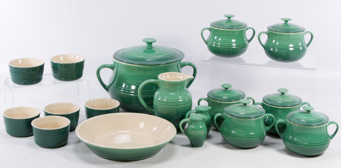 Le Creuset 'Rosemary' Ceramic Cookware Assortment: Le Creuset 'Rosemary' Ceramic Cookware Assortment Seventeen items including large bean pot with lid, six mini bean pots with lids, a small pitcher, a salt and pepper shaker set, a pie plate and six sm