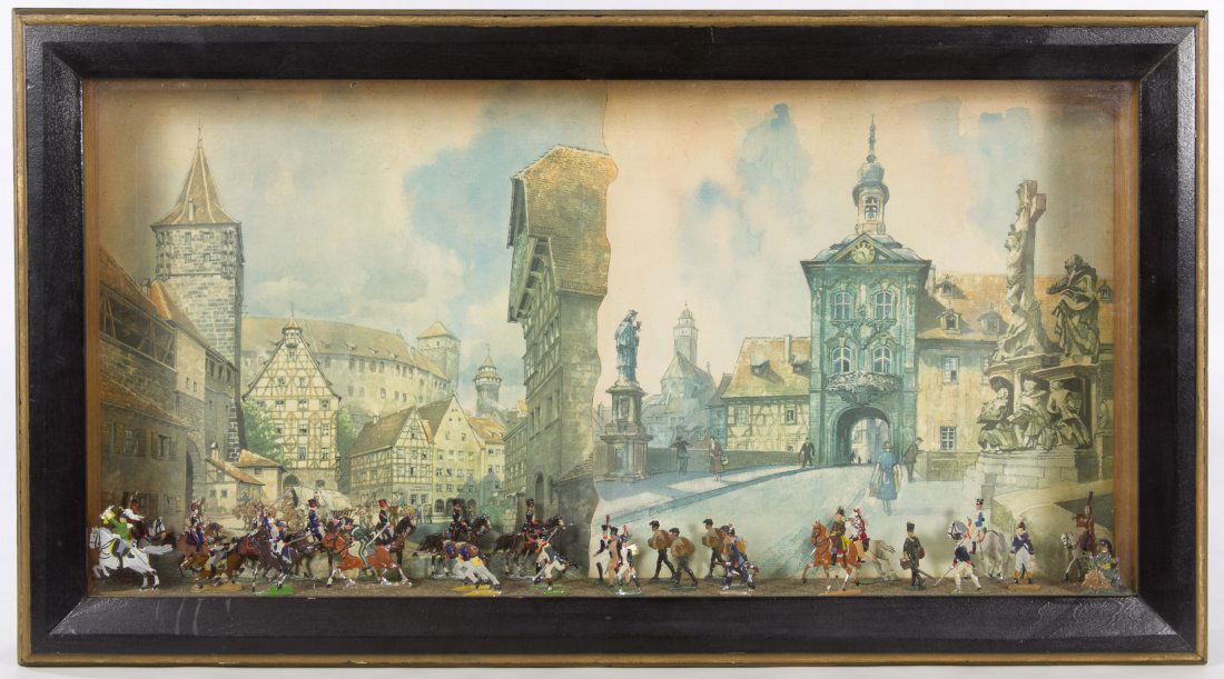 Antique Flat Solders in Diorama: Antique Flat Solders in Diorama Thirty-one soldiers; box was produced in Nuremberg, Germany Height: 13.00 inches, Width: 23.00 inches, Depth: 3.50 inches Category: Toys and Dolls > Antique Toys Shippi
