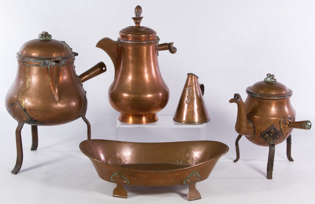 Victorian Era Copper Kitchenware: Victorian Era Copper Kitchenware Five items including one coffee pot having a signature on the underside, two kettles with one having a stamped 'AH' hallmark, measuring cup with numbers and a 20th cen