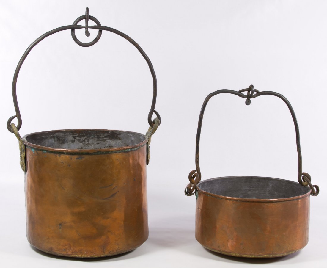 Victorian Era Copper Pots: Victorian Era Copper Pots Two pots having iron handles; large pot has lion feet on the sides Height: 10.00 inches (tallest) Category: Primitives > Kitchen Shipping Status: Due to size, weight, value o