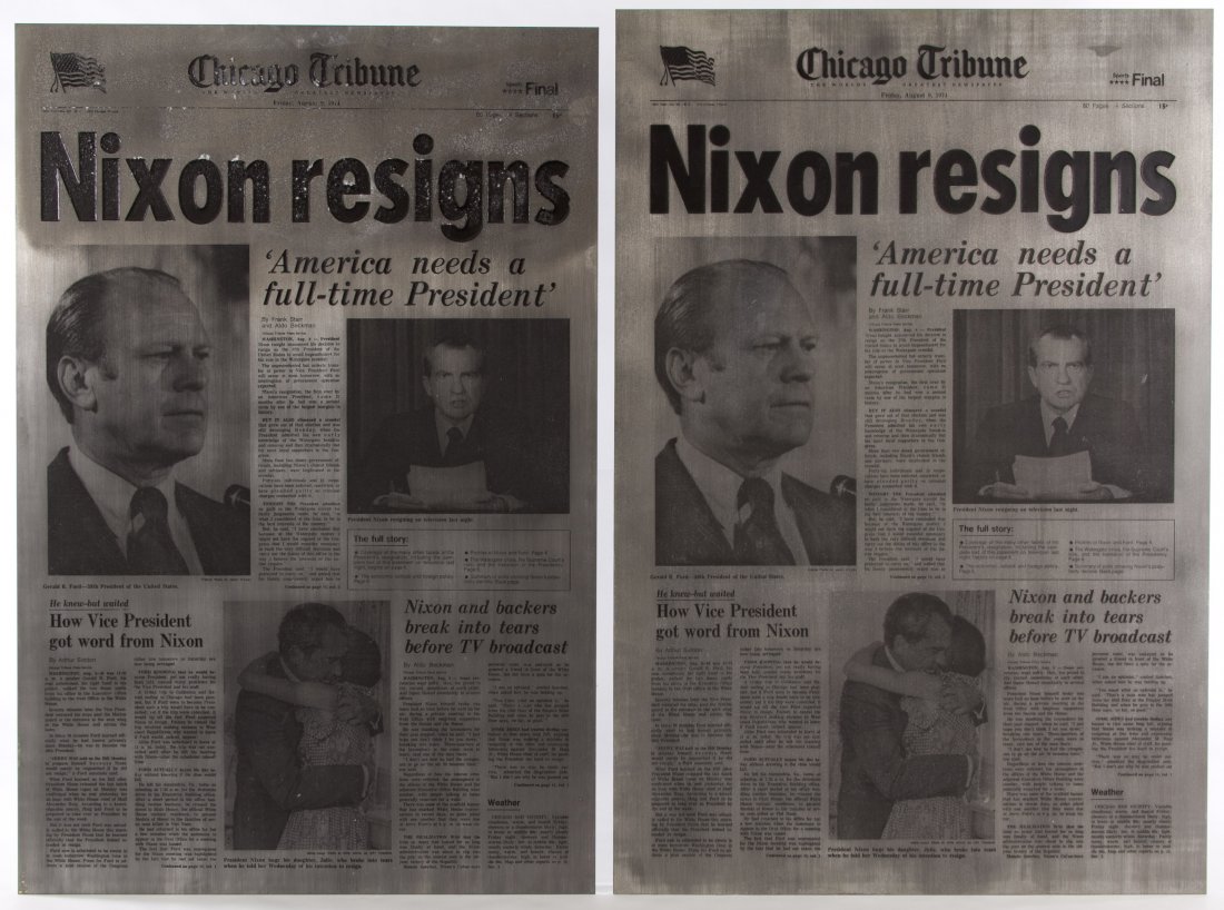 Chicago Tribune Newspaper Engraving Plates: Chicago Tribune Newspaper Engraving Plates 1974, two identical plates featuring the resignation of Richard Nixon Height: 24.25 inches, Width: 16.00 inches Category: Collectibles > Political Shipping S
