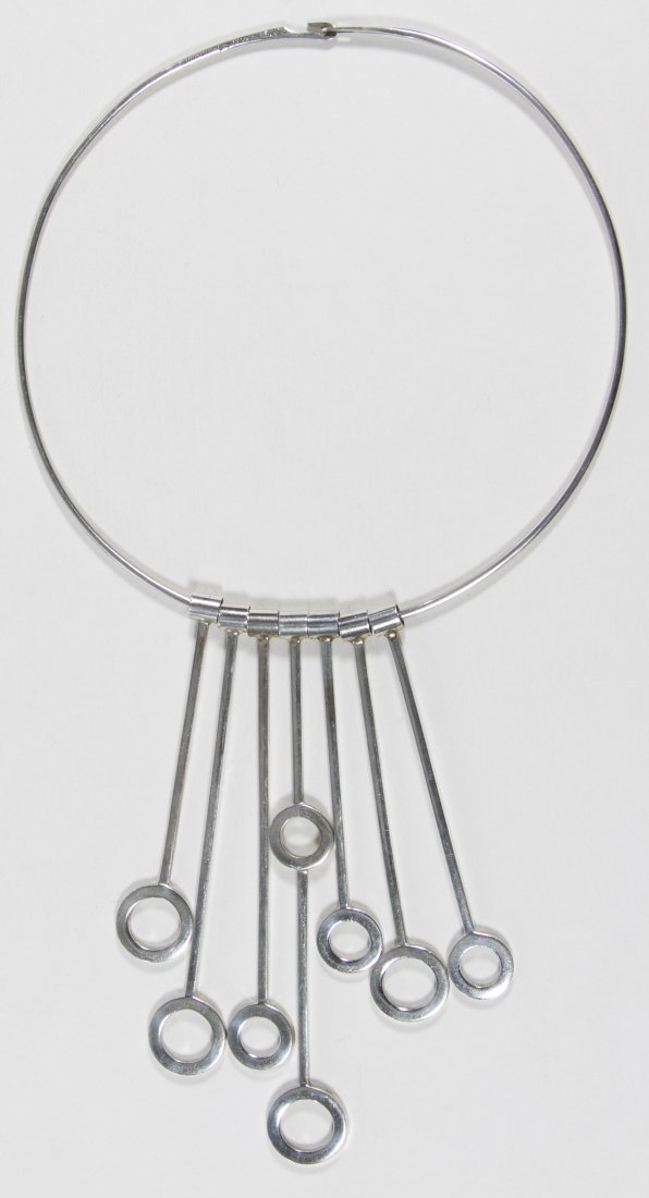 Denmark Sterling Silver Mid-Century Modern Choker: Denmark Sterling Silver Mid-Century Modern Choker Necklace Handmade in Denmark by Jens Asby Design of Copenhagen / Frederiksberg having seven graduated circle and drop pendants Length: 15.00 inches We