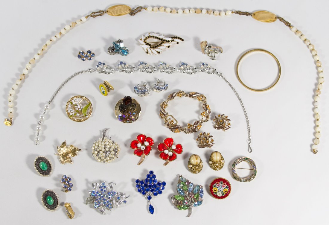 Signed Costume Jewelry: Signed Costume Jewelry Including micro-mosaic, pins, bracelets and earrings by Trifari, Monet, Coro and a Miriam Haskell necklace Length: 29.50 inches (longest) Category: Jewelry and Timepieces > Cost