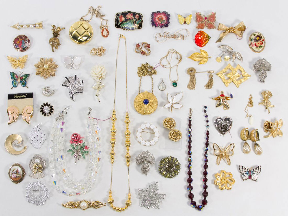 Signed Costume Jewelry Assortment: Signed Costume Jewelry Assortment Including examples from Monet, Coro, Hattie Carnegie, Napier and Vogue; along with cut glass beaded necklaces and cloisonne butterfly pins Length: 16.00 inches (neckl