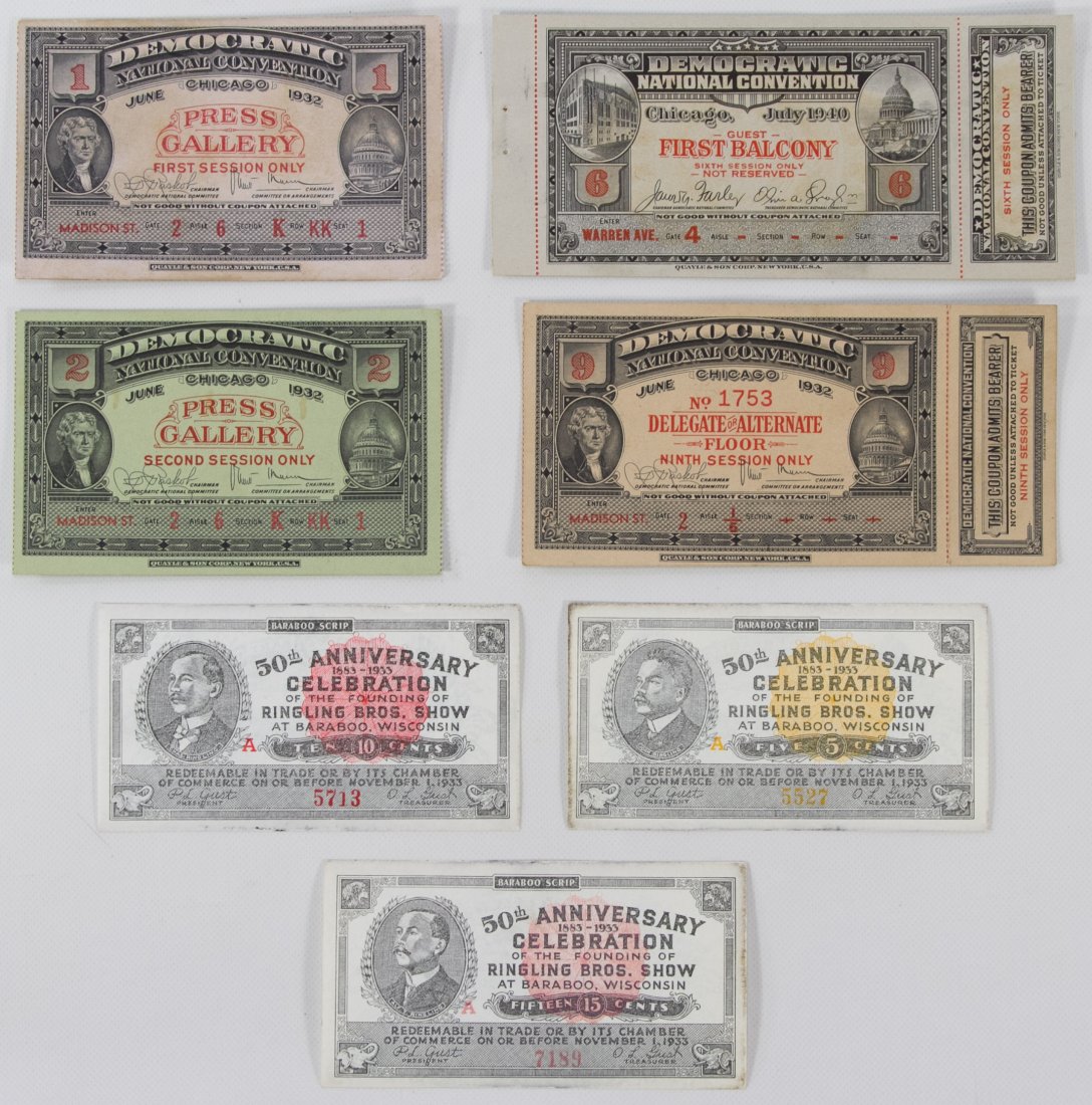 Democratic National Convention Tickets: Democratic National Convention Tickets Three 1932 tickets (including one with a attached stub) and 1940 ticket with a attached stub; together with three 50th Anniversary Celebration 1933 Ringling Bros