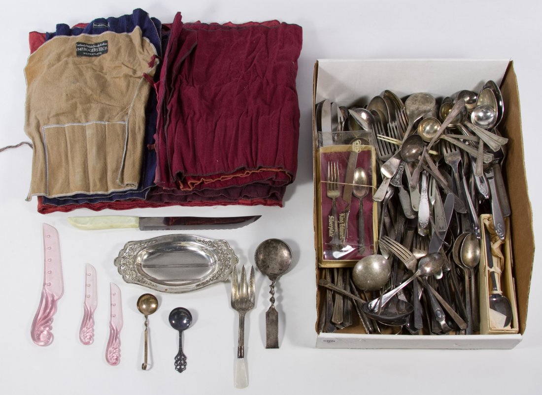 Sterling Silver, European (.830) Silver and Silverplate: Sterling Silver, European (.830) Silver and Silverplate Flatware Assortment Two sterling silver spoons, a large (.830) silver spoon with a twisted handle and a variety of silverplate flatware with a v