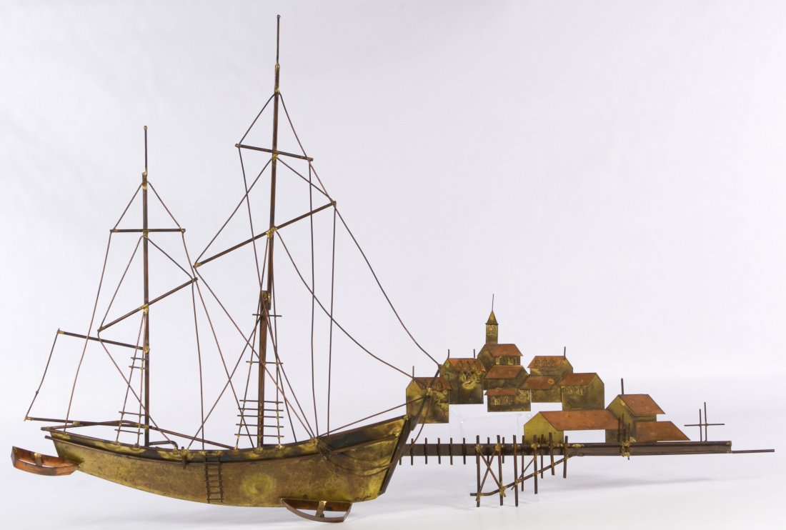 Curtis Jere (American, d.2008) 'Harbor' Wall Hanging: Curtis Jere (American, d.2008) 'Harbor' Wall Hanging 20th Century, signed bottom center, depicting a boat docked at a harbor with houses in the background Height: 20.50 inches, Width: 31.50 inches Cat