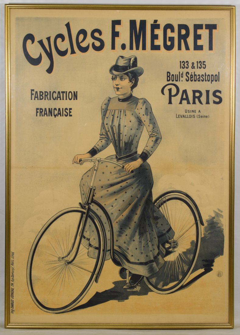 Cycles F. Megret Poster: Cycles F. Megret Poster Edwardian era framed poster promoting women riding bicycles; printed by Charles Verneau Height: 55.00 inches, Width: 37.50 inches (sight) Category: Decorative Arts > Posters Sh