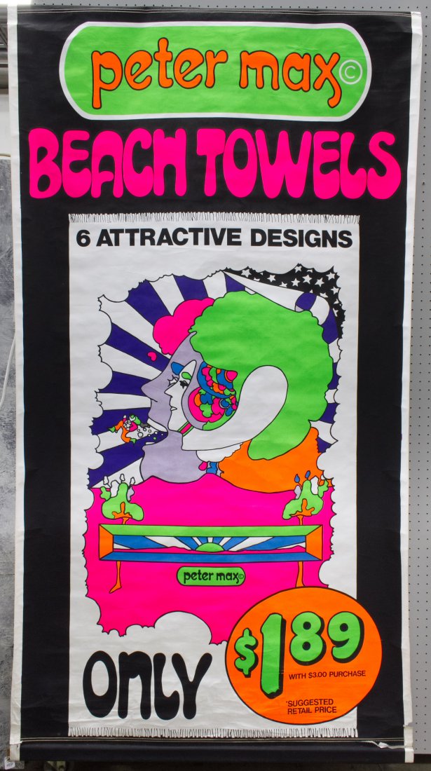 Peter Max 'Beach Towels' Advertising Poster: Peter Max 'Beach Towels' Advertising Poster Having a Mod style color scheme for this advertising paper oster weighted with wood stretchers along top and bottom edges Height: 82.00 inches, Width: 44.00