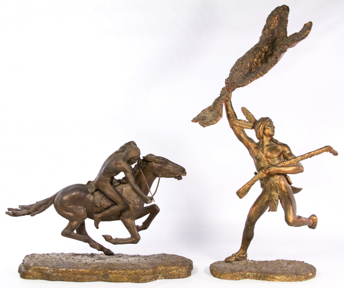 Chester Kirk (American, b.1869) 'Buffalo Dancer' Statue: Chester Kirk (American, b.1869) 'Buffalo Dancer' Statue Two composition and wood items with 'Chester Kirk' mark on underside including the 'Buffalo Dancer' and a Native American bow hunter on horsebac