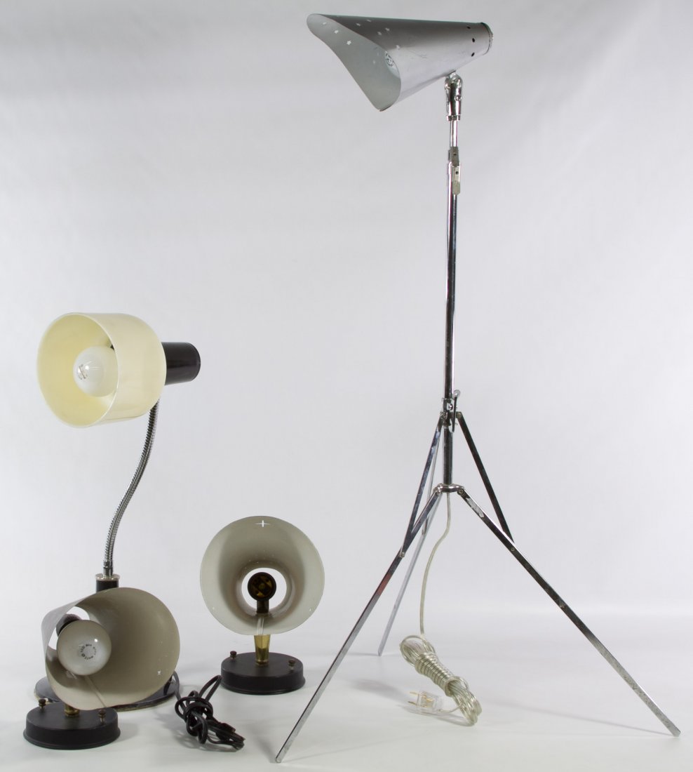 Mid-Century Modern Lamp Assortment: Mid-Century Modern Lamp Assortment Including two wall fixtures, a spring tension pole lamp, a music stand lamp and a plastic desk lamp Length: 103.50 inches (pole lamp) Category: Decorative Arts > Mid
