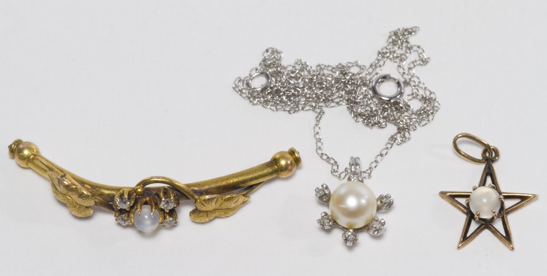 14k White Gold Pearl Pendant and Necklace: 14k White Gold Pearl Pendant and Necklace Having a pearl surrounded by six diamond chips; together with a 14k gold leaf form, moonstone and diamonds bracelet top and a 10k gold star pendant with a moo