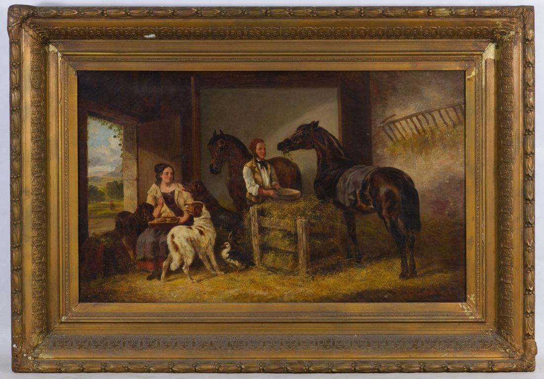 Edmund Aylburton Willis (American, 1808-1899) 'Stable': Edmund Aylburton Willis (American, 1808-1899) 'Stable' Oil on Canvas 1872, signed lower right, depicting a stable with a man and woman with horses and dogs Height: 22.00 inches, Width: 36.00 inches (c