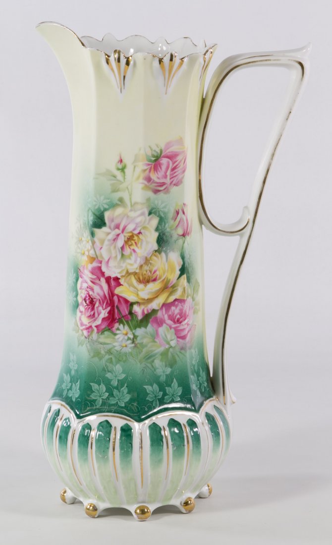 R S Prussia Hand Painted 'Roses' Ball Footed Tankard: R S Prussia Hand Painted 'Roses' Ball Footed Tankard Having a hand painted rose motif; stamped red mark to the underside Height: 14.00 inches Category: Porcelain and Ceramics > Bavarian Tax Status: Su