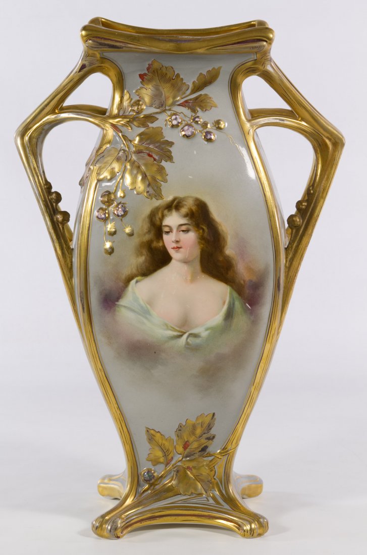 Royal Bonn Hand Painted Portrait Vase: Royal Bonn Hand Painted Portrait Vase 1900, depicting a portrait of a lady, stamped marks to the underside Height: 15.75 inches, Width: 10.50 inches Category: Porcelain and Ceramics > Bavarian Tax Sta