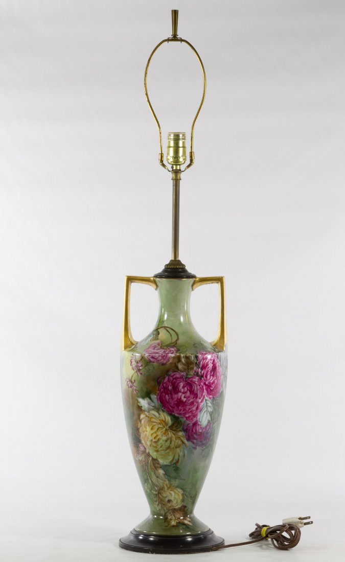 Limoges Hand Painted 'Mums' Table Lamp: Limoges Hand Painted 'Mums' Table Lamp c.1900, artist signed right center; unmarked Height: 36.75 inches, Width: 7.00 inches Category: Porcelain and Ceramics > Limoges Tax Status: Subject to an 8.25%