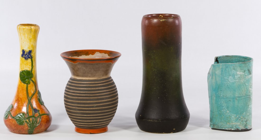 Ceramic Vase Assortment: Ceramic Vase Assortment Four vases including a Julius Dressler floral vase, a Michael Andersen dark green vase, a German coil style vase and a turquoise Raku vase Height: 9.50 inches Category: Porcela