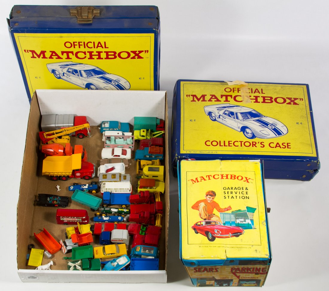 Matchbox Toy Car Assortment: Matchbox Toy Car Assortment Including (37) cars, trucks, car parts, (2) vinyl cases and a Matchbox Service Station carrying play set case Category: Toys and Dolls > Vintage Toys Shipping Status: Due t