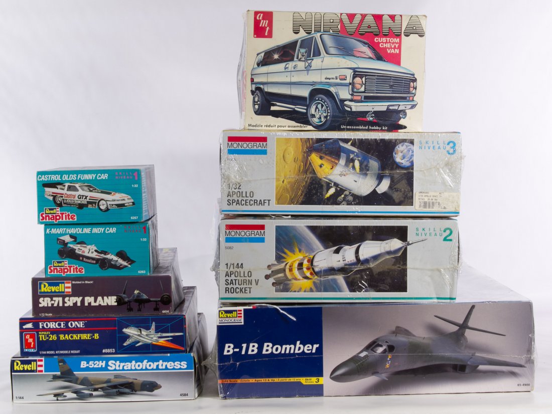 Toy Model Kit Assortment by Revell, Monogram and AMT: Toy Model Kit Assortment by Revell, Monogram and AMT Nine kits including three Monogram kits #5083, 5082 and 85-4900 in original shrink wrap and six opened kits Height: 5.00 inches, Length: 29.00 inch