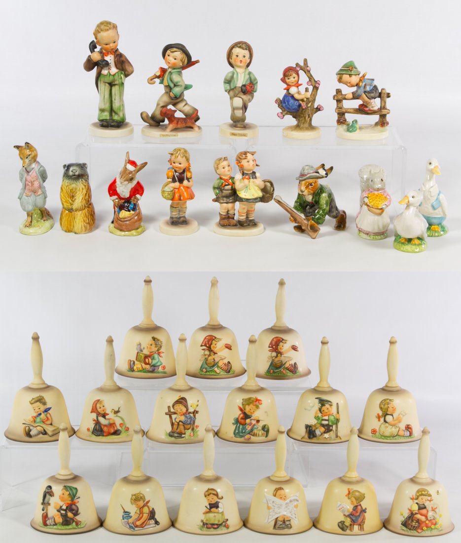 Hummel and Beatrix Potter Figurine Assortment: Hummel and Beatrix Potter Figurine Assortment Having eight Hummel figurines and five Beatrix Potter figurines; together with one Royal Doulton figurine and fifteen Goebel annual bells Height: 6.00 inc
