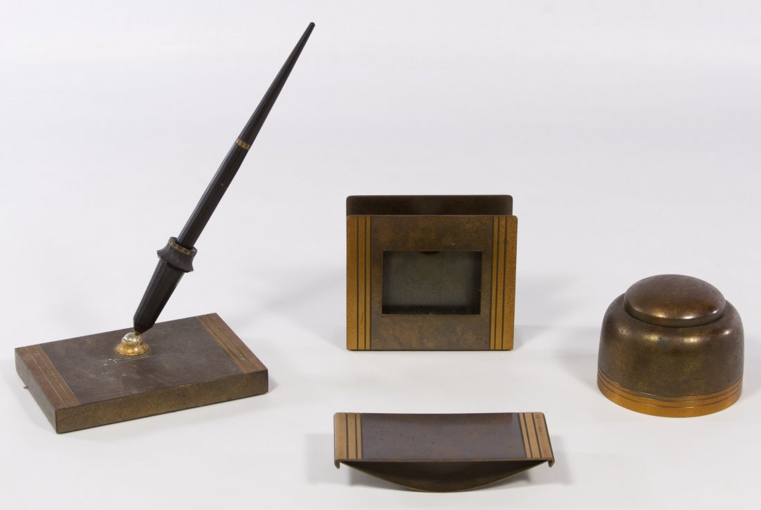 SilverCrest Bronze Desk Set: SilverCrest Bronze Desk Set Four items including a pen holder, ink well, letter holder and ink blotter; model #134; together with an Eversharp fountain pen with a 14k gold nib Width: 4.00 inches (lett