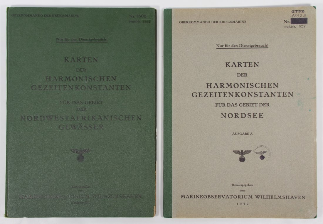 World War II German Navy Tidal Maps: World War II German Navy Tidal Maps Two hard cover 'Karten der Harmonischen Gezeitenkonstanten' books with tidal maps for the North Sea #1802A and for the waters of northwestern African #1808 Height: 
