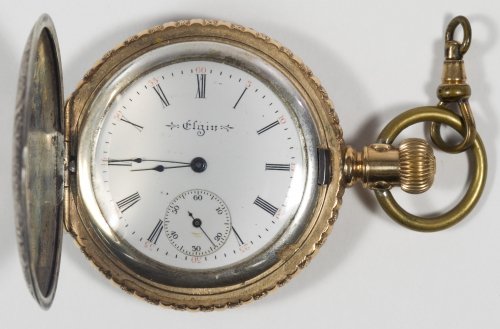 Elgin Coin Silver Full Hunter Case Pocket Watch: Elgin Coin Silver Full Hunter Case Pocket Watch 1904, 10101148, 15 jewels, grade 216, model 2, class 75, pendant wind and set having applied gold designs; front cartouche Width: 1.75 inches (case) Siz