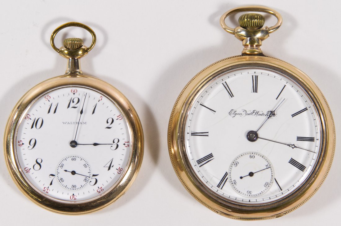 Open Face Pocket Watch Assortment: Open Face Pocket Watch Assortment Two pendant wind and set watches including a Waltham and an Elgin serial #2296686 dating to 1887, 15 jewels, grade 76, model 5, class 8 Diameter: 2.12 inches Size: 10