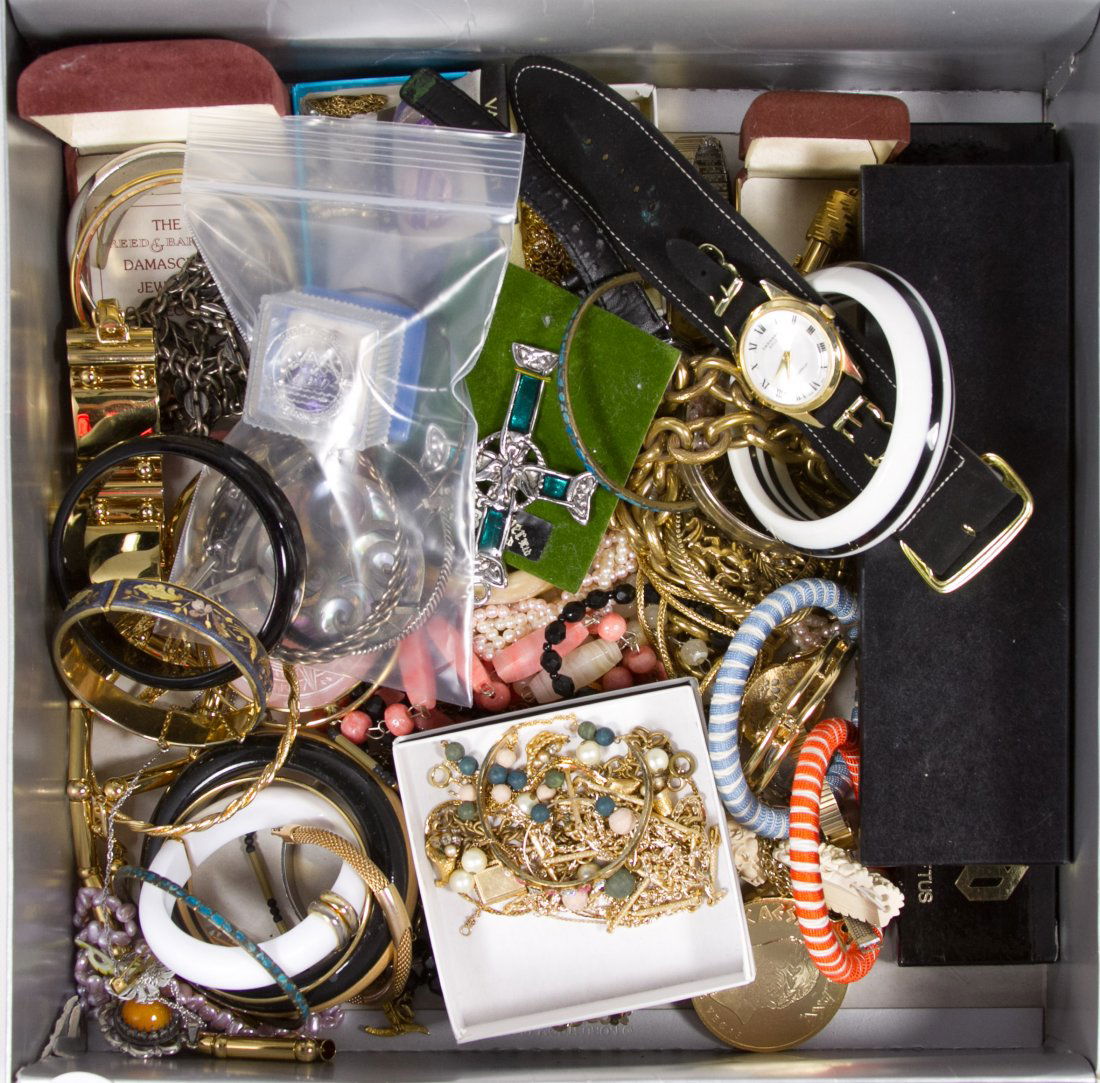 Sterling Silver and Costume Jewelry Assortment: Sterling Silver and Costume Jewelry Assortment Including necklaces, bracelets, rings and watches with examples from Miriam Haskell, Lorus, Van Allen and Whiting Davis Weight: 62.37 dwts. (sterling sil