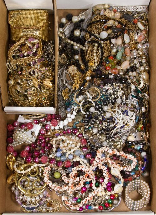 Costume Jewelry Assortment: Costume Jewelry Assortment Including rhinestone, Coro, BSK, Bogoff, Weiss, Trifari and Eisenberg bracelets, necklaces, earrings and pins Length: 30.00 inches Category: Jewelry and Timepieces > Costume