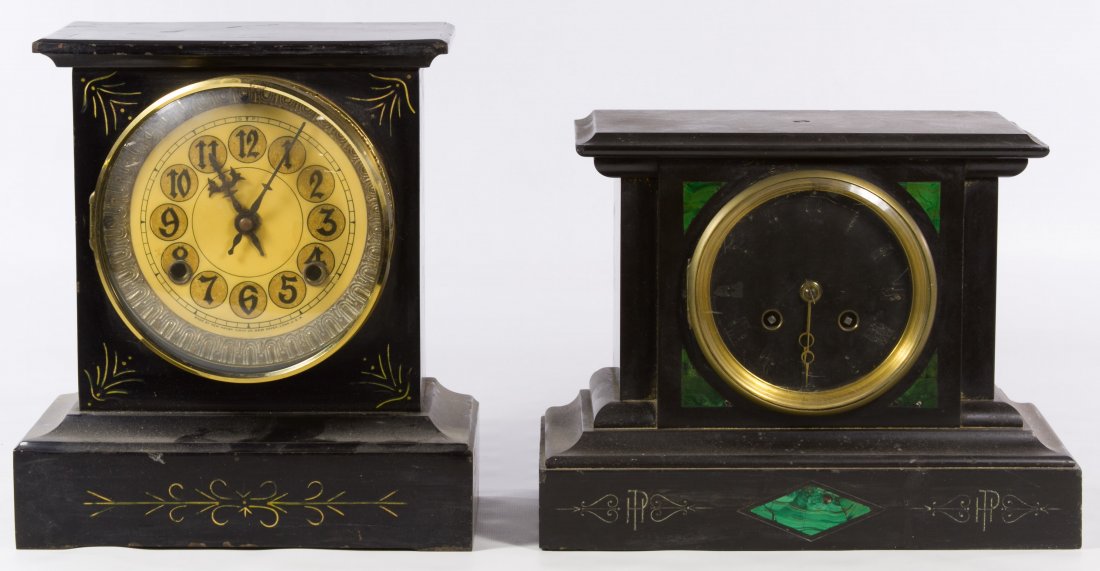 Eastlake Slate Mantel Clock by Tiffany & Comp: Eastlake Slate Mantel Clock by Tiffany & Comp A '461 Tiffany & Comp' back plate marked clock with green marble accents; together with an incised decorated slate clock by the New Haven Clock Company He