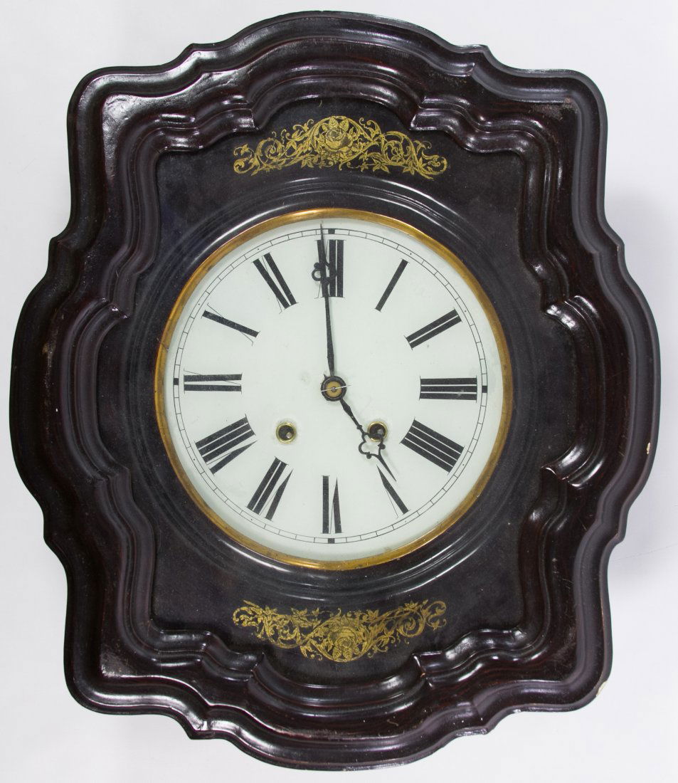 Comtoise Style Wall Clock: Comtoise Style Wall Clock Having a glazed hinged aperture, painted rosewood grain case, three small doors on case to access clockworks and marked 'Samwald' en verso Height: 17.50 inches, Width: 15.00