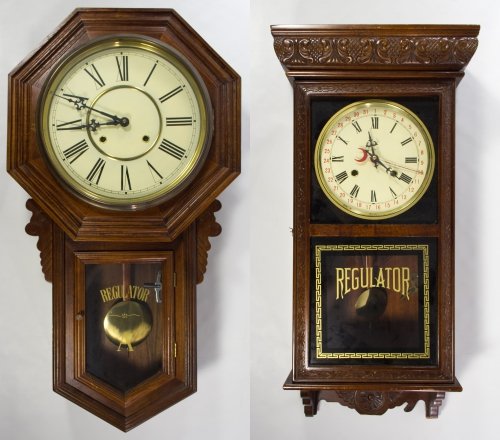 Regulator Wall Clocks: Regulator Wall Clocks Two vintage wall clocks with 'Regulator' painted on front doors; including keys and pendulums Height: 31.50 inches (tallest) Category: Decorative Arts > Clocks Shipping Status: D