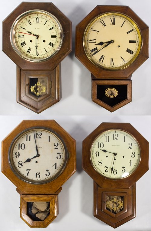 Wall Clocks: Wall Clocks Four wall school clocks including an oak cased Ingraham clock, an unmarked walnut clock, a Sloan walnut clocks and a mahogany Hamilton clock; three clocks including keys and pendulums Heig