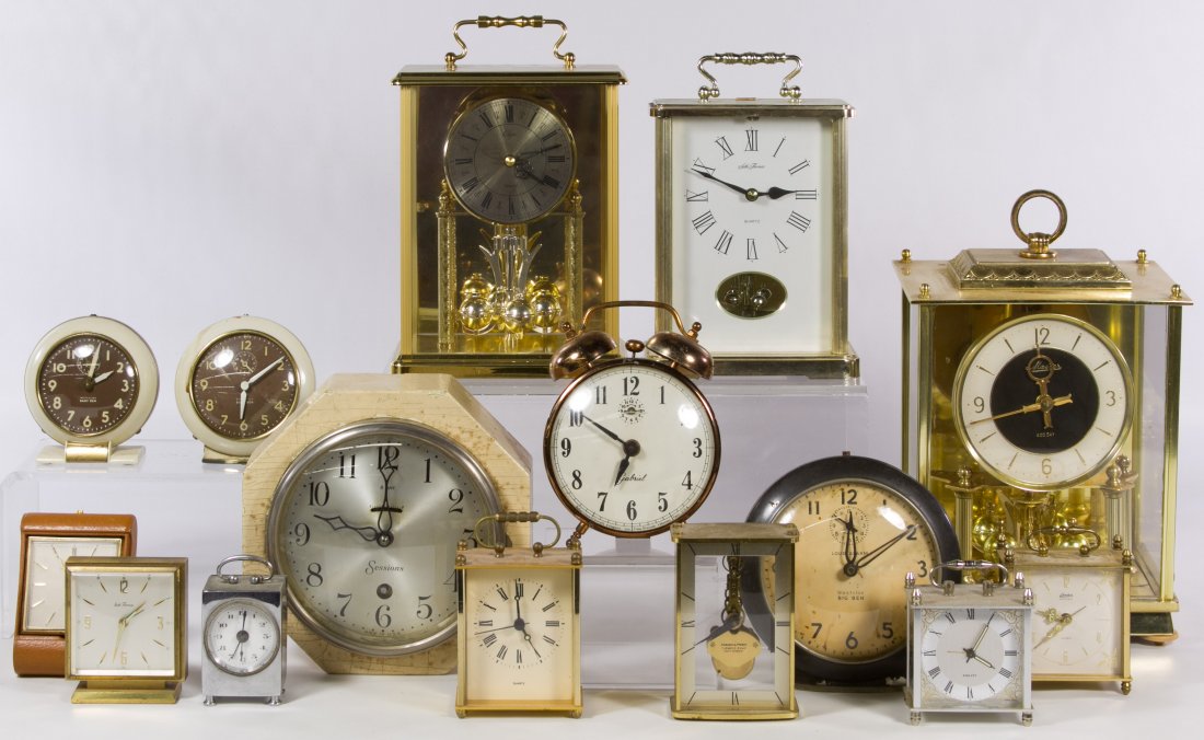 Clock Assortment: Clock Assortment Fifteen clocks including examples from Seth Thomas, Elgin, Master, Linden, Westclock and a Hamilton 7 Jewels 8 Day 'Skeleton' clock from Western Germany Height: 8.50 inches (tallest)