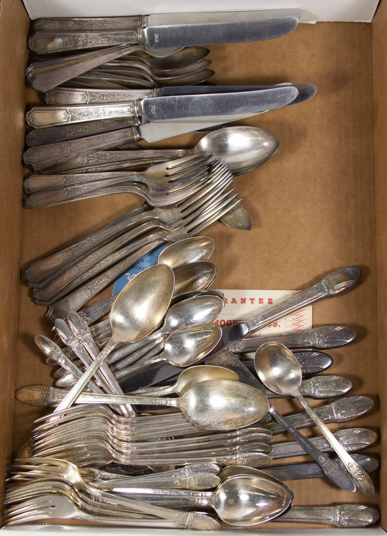 International 'First Love' Silverplate Flatware: International 'First Love' Silverplate Flatware Including (8) knives, (8) dinner forks, (8) salad forks, (16) teaspoons, (8) spoons and (4) serving utensils; together with thirty-one silverplate utens