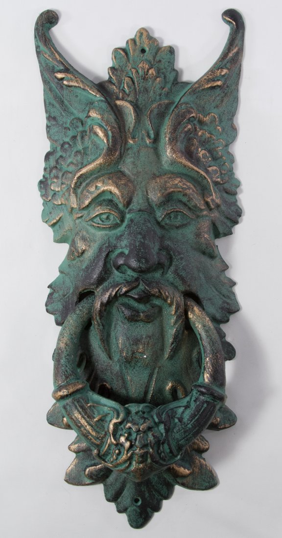 Cast Metal 'North Wind' Door Knocker: Cast Metal 'North Wind' Door Knocker Having a green finish Height: 20.00 inches Category: Decorative Arts > Objects Shipping Status: Due to size, weight, value or shipping complexity, this item must b