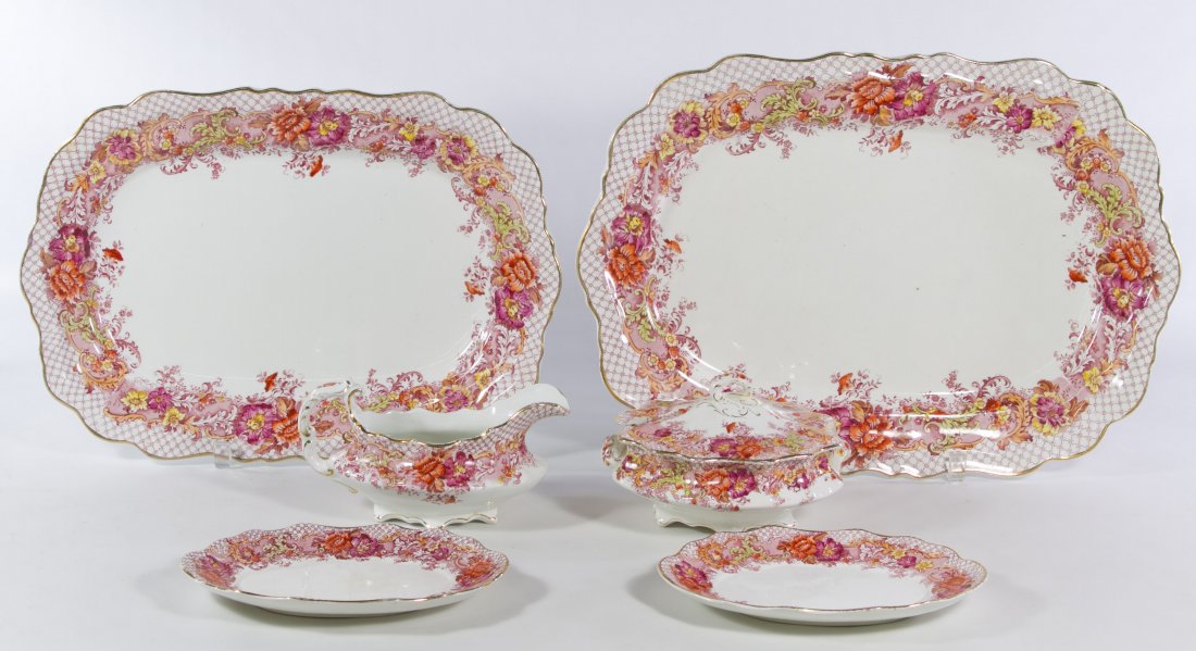 Pink Floral Porcelain Serving Dishes: Pink Floral Porcelain Serving Dishes Including two serving platters, serving bowl, serving plates and a gravy boat; stamped 'Vera' and B.P. Co Ltd marks; possibly produced by Britannia Pottery Width: 
