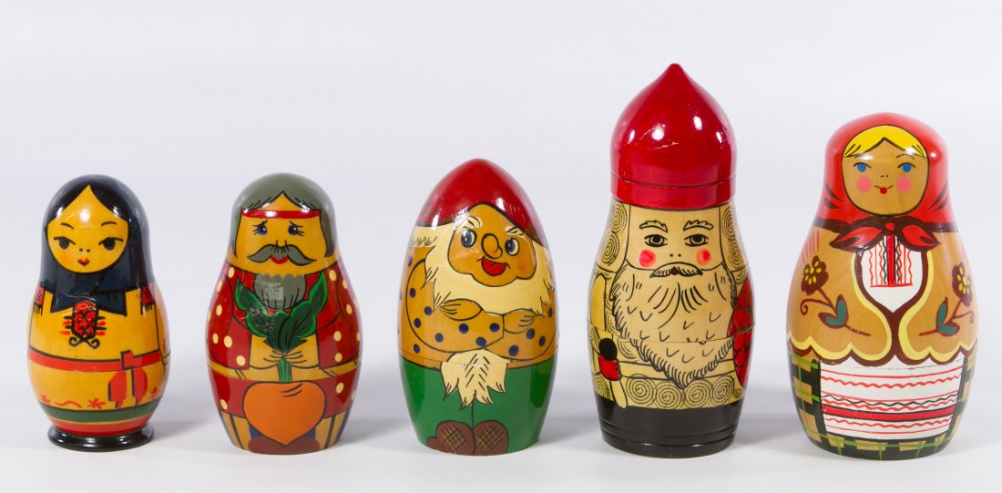 Russian Matryoshka Nesting Doll Assortment: Russian Matryoshka Nesting Doll Assortment Five sets of painted wood nesting dolls with four having 'Made in USSR' labels on the undersides; each doll has five to seven dolls per set Height: 6.50 inch