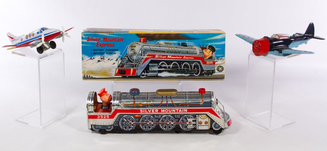 Japanese Battery Operated 'Silver Mountain Express' Toy: Japanese Battery Operated 'Silver Mountain Express' Toy Train Engine Train engine #3525 in original box by Modern Toys; together with a Hubley 'Kiddie Toy' airplane and a Japanese 'ATC' marked tin lit