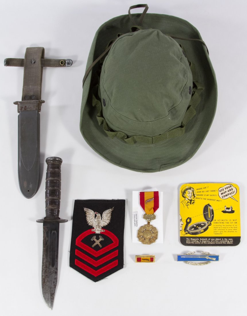 World War II and Vietnam Military Assortment: World War II and Vietnam Military Assortment Including a sterling silver 'expert rifleman' pin, a World War II Navy knife with sheath, U.S. Navy Petty officer patch, paper compass, a Vietnam Gallantry