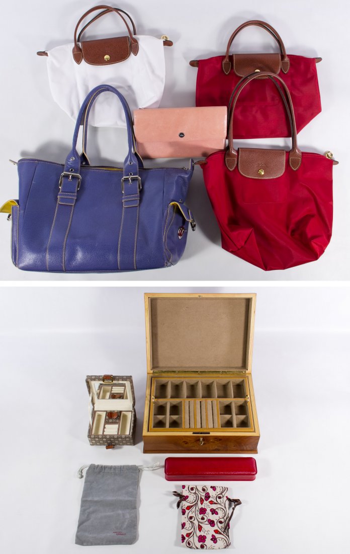 Purses and Jewelry Boxes: Purses and Jewelry Boxes Including five purses with three by Longchamps, three jewelry boxes and two jewelry bags Height: 10.00 inches, Width: 14.00 inches (largest purse) Category: Clothing & Accesso