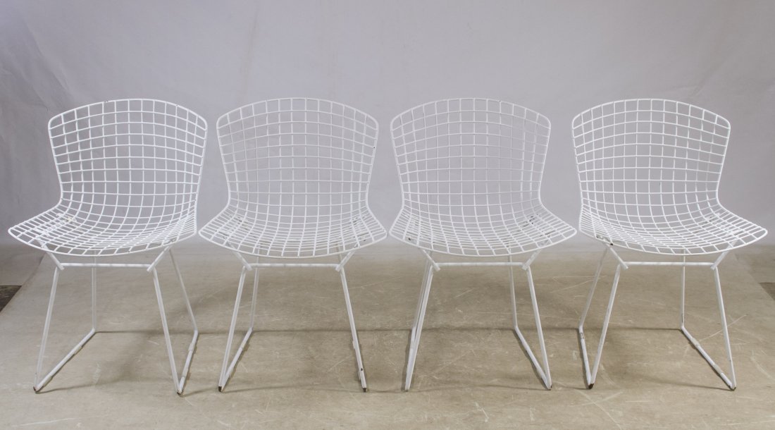 Mid-Century Modern Wire Grid Dining Chairs by Harry: Mid-Century Modern Wire Grid Dining Chairs by Harry Bertoia c.1970, unmarked, four white chairs; one has a sticker with the number #19308 Height: 29.50 inches, Width: 21.00 inches, Depth: 19.00 inches