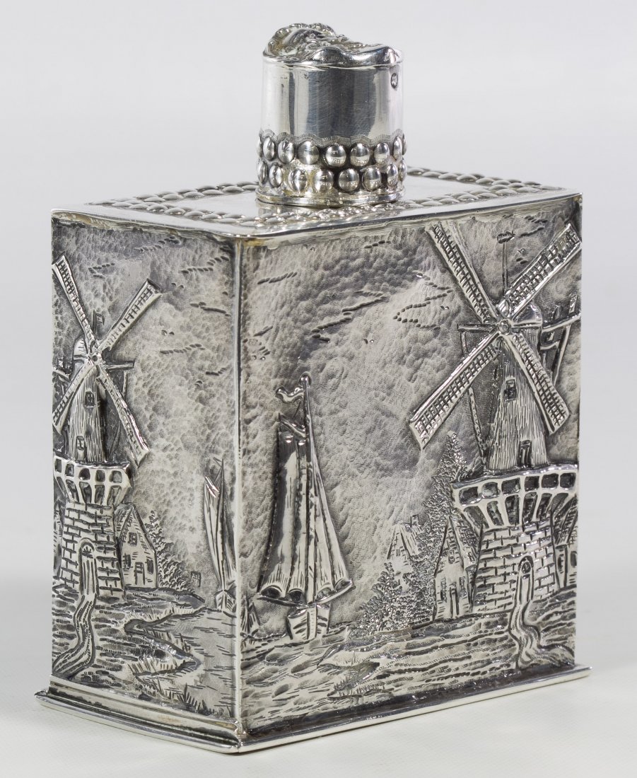 Dutch Export European Silver Bottle: Dutch Export European Silver Bottle Having a repouse Dutch harbor scene on body, circular beading on top and 16th century style Dutch male portrait on cap; stamped hallmarks on side of cap and undersi