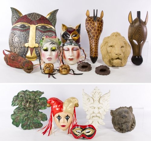 Masque Assortment: Masque Assortment Seventeen pieces including animals and Mardi Gras made from concrete, plaster, pottery and wood Height: 14.00 inches, Width: 14.00 inches (largest) Category: Decorative Arts > Object