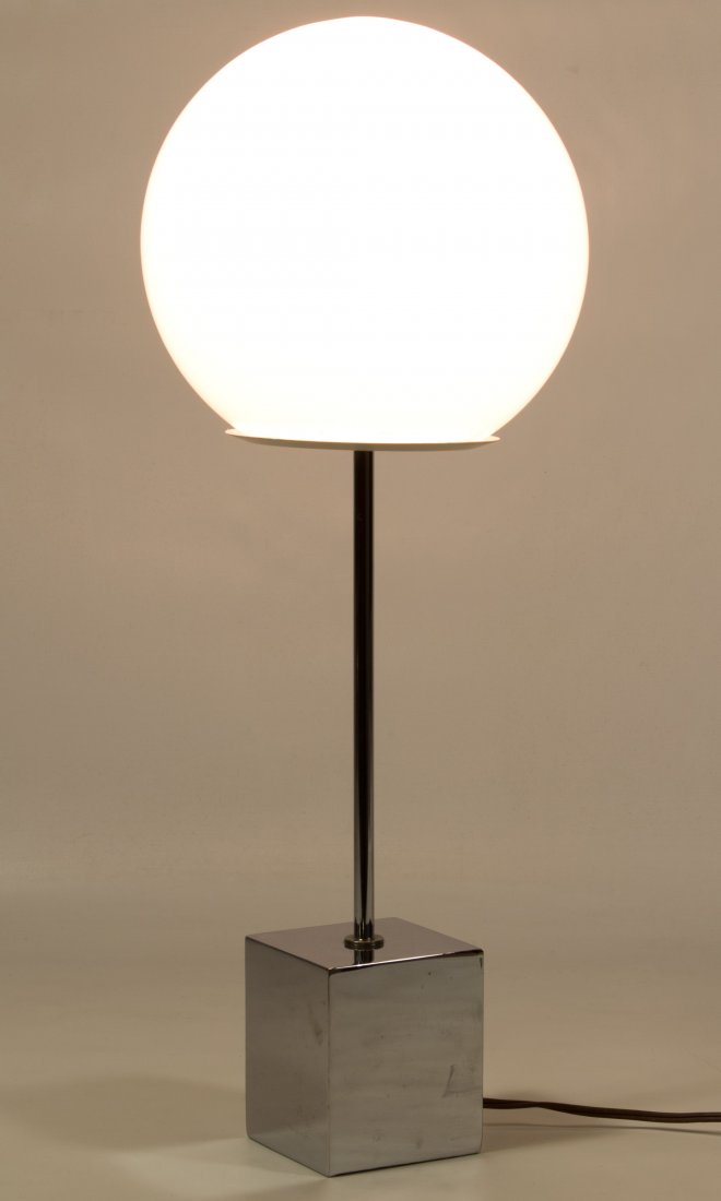 Mid-Century Modern Chrome Lamp by Robert Sonneman: Mid-Century Modern Chrome Lamp by Robert Sonneman c.1970, having a chrome base and round white glass globe; attached sticker on base Height: 20.00 inches (includes globe) Category: Decorative Arts > M