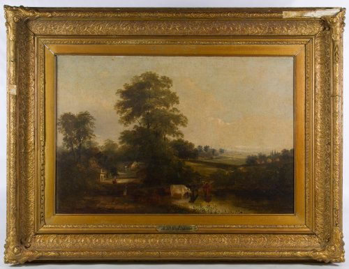Alfred Walter Williams (English, 1824-1905) 'Landscape': Alfred Walter Williams (English, 1824-1905) 'Landscape' Oil on canvas c.1870, unsigned, having a metal nameplate bottom center, depicting animals near a stream of water Height: 14.00 inches, Width: 21