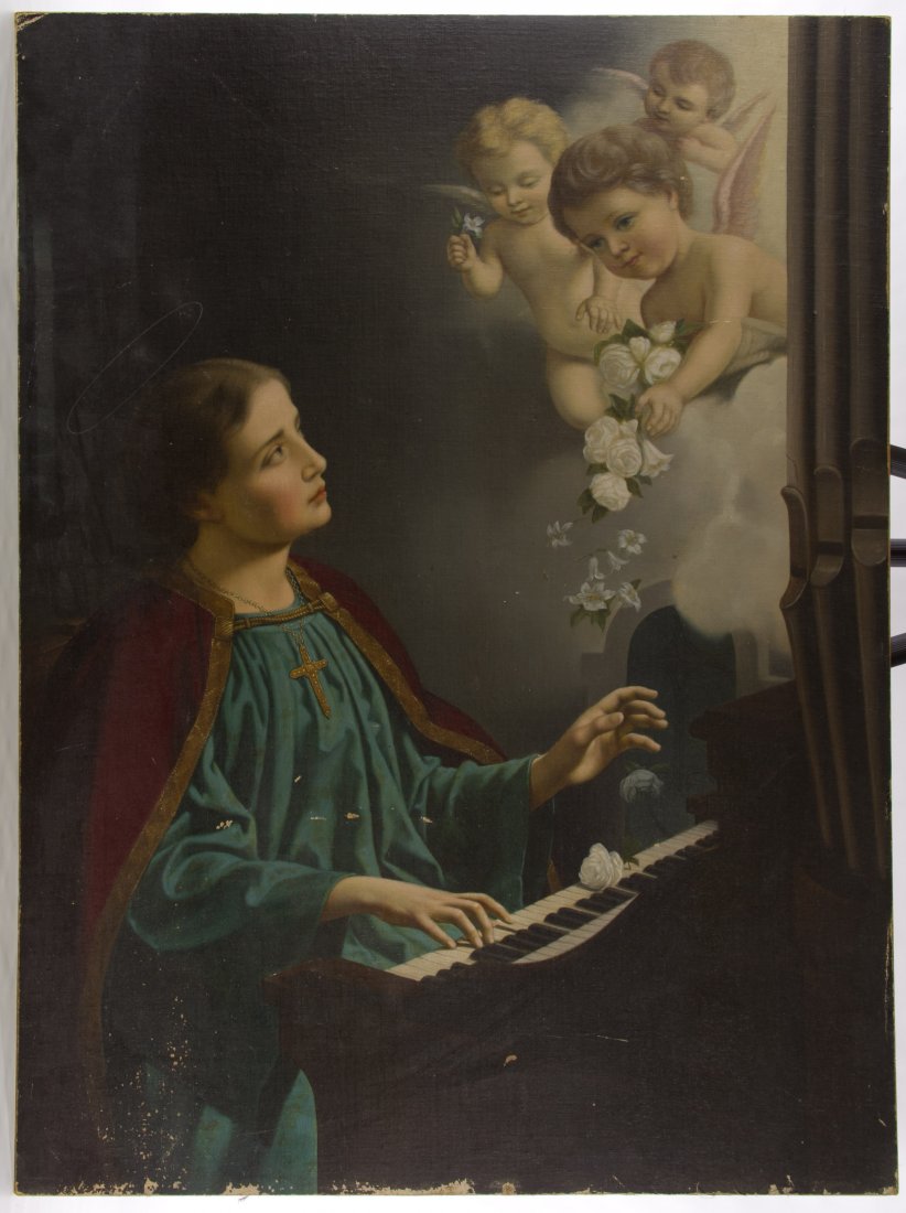 Unknown Artist (European, 19th Century) 'Saint Cecilia: Unknown Artist (European, 19th Century) 'Saint Cecilia Playing the Organ' Oil on Mounted Canvas Undated, no noticeable signature, canvas mounted on Masonite, depicting Saint Cecilia playing the organ 