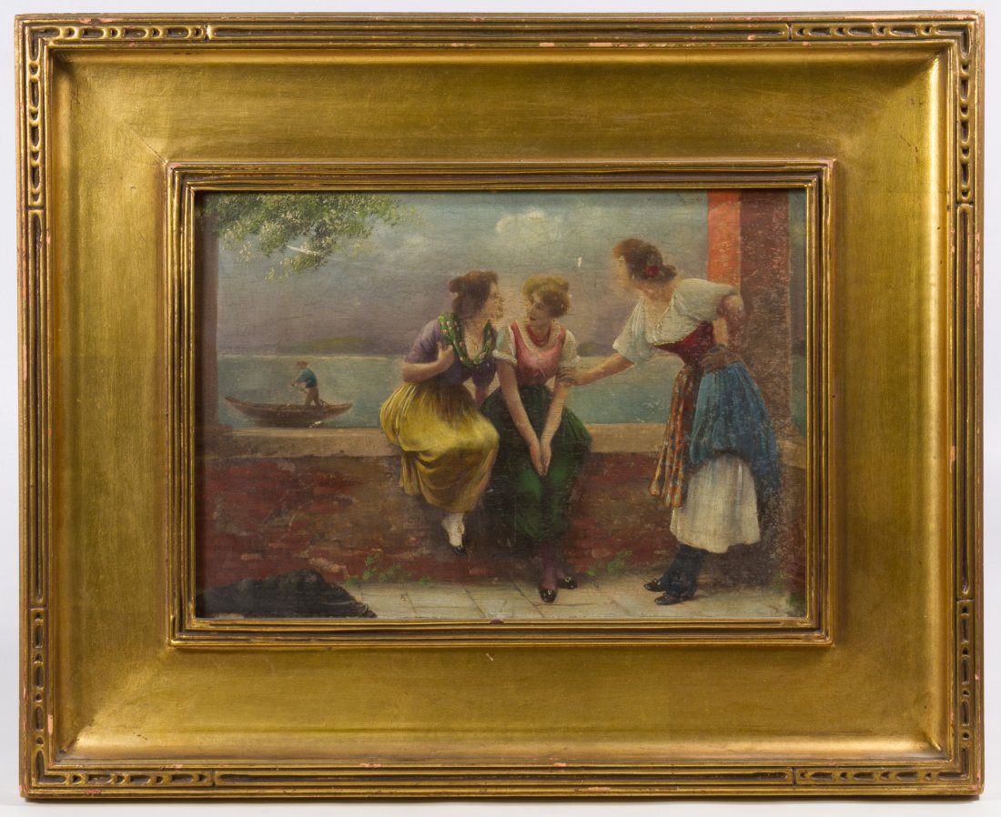 Unknown Artist (European, 19th Century) 'Victorian: Unknown Artist (European, 19th Century) 'Victorian Females' Oil on Board Undated, unsigned, depicting three females in Italian regional costumes talking while seated on a ledge with a Venetian style g